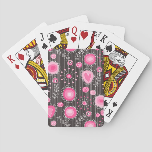 Whimsical pink and grey hearts and flowers floral playing cards (Back)