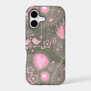 Whimsical Pink and Grey Hearts, Birds and Flowers