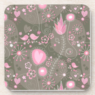 Whimsical Pink and Grey Hearts, Birds and Flowers Coaster
