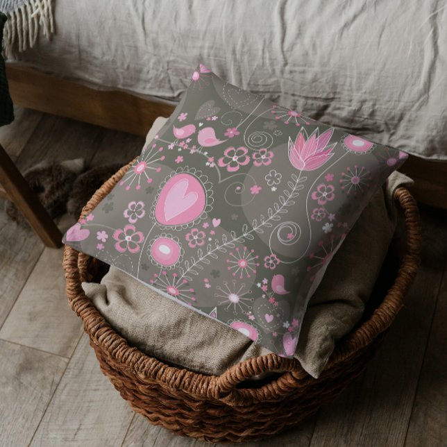 Whimsical Pink and Grey Hearts, Birds and Flowers  Cushion (Creator Uploaded)