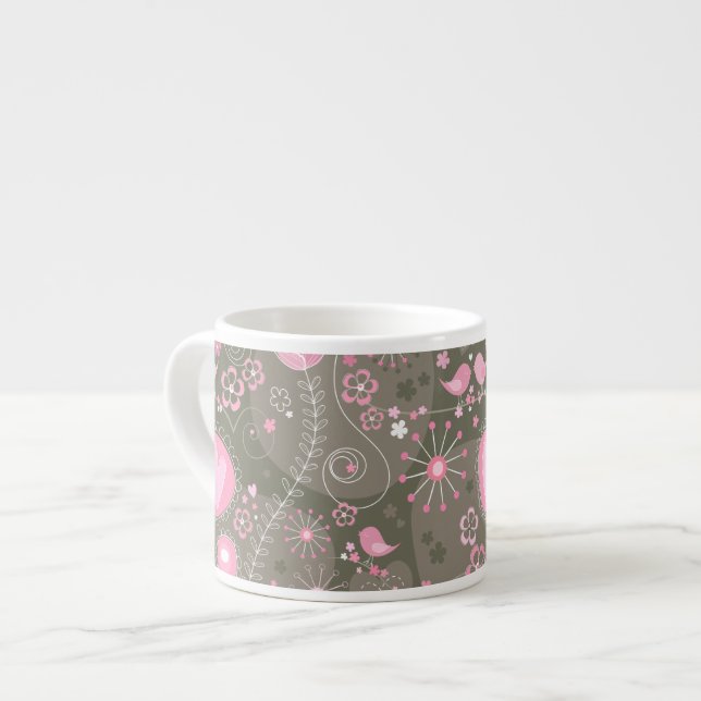 Whimsical Pink and Grey Hearts, Birds and Flowers  Espresso Cup (Front Left)