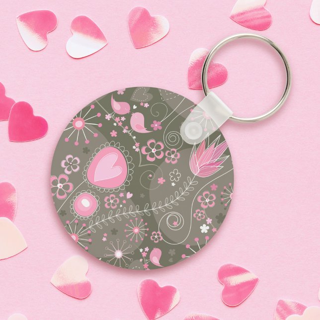 Whimsical Pink and Grey Hearts, Birds and Flowers  Key Ring (Creator Uploaded)