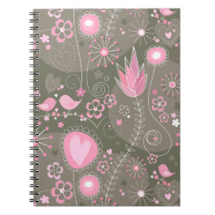 Whimsical Pink and Grey Hearts, Birds and Flowers  Spiral Notebook