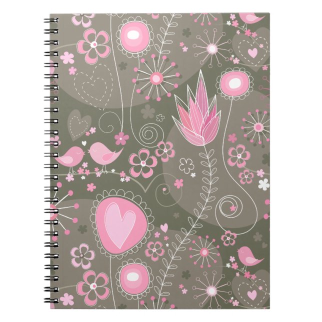 Whimsical Pink and Grey Hearts, Birds and Flowers  Spiral Notebook (Front)