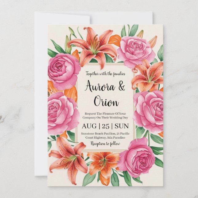 whimsical pink and orange floral wedding invitation (Front)