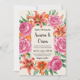 whimsical pink and orange floral wedding invitation