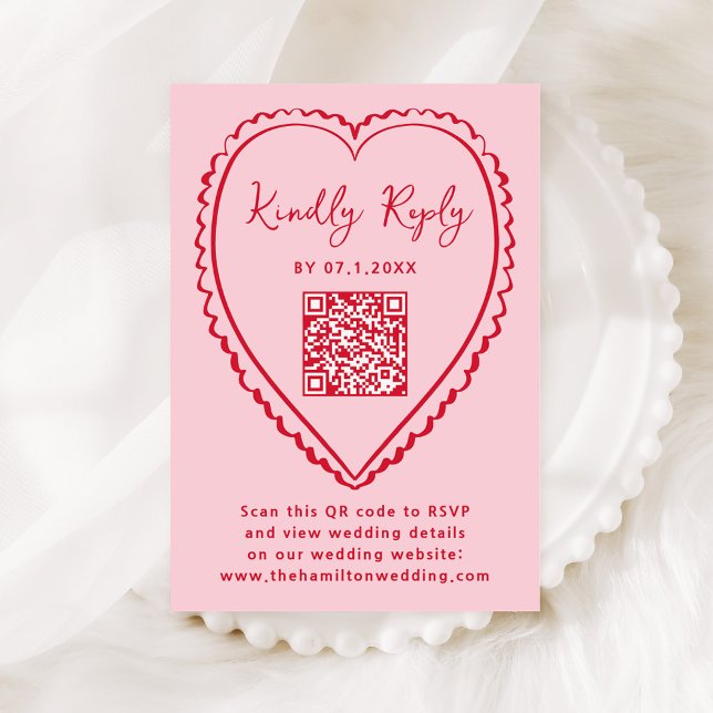 Whimsical Pink and Red Heart QR Code Wedding RSVP Card (Creator Uploaded)