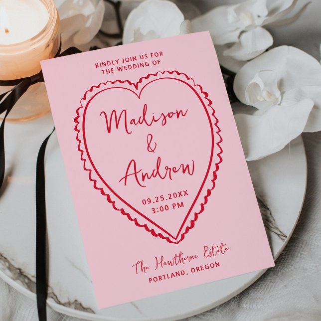 Whimsical Pink and Red Heart Wedding Invitation (Creator Uploaded)