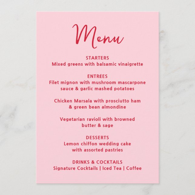 Whimsical Pink and Red Heart Wedding Menu (Front)