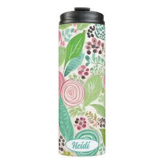 Whimsical pink and teal flowers personalizable  thermal tumbler