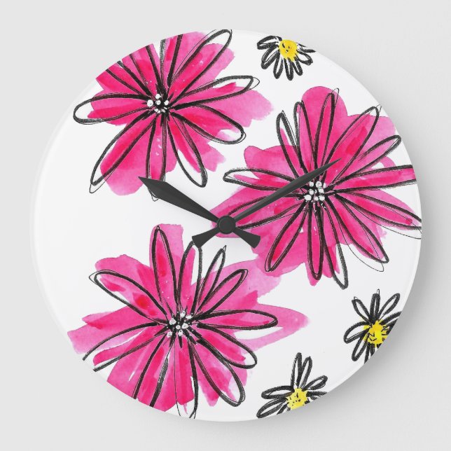 Whimsical Pink and White Flowers Large Clock (Front)