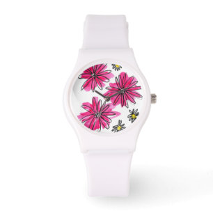 Whimsical Pink and White Flowers Watch