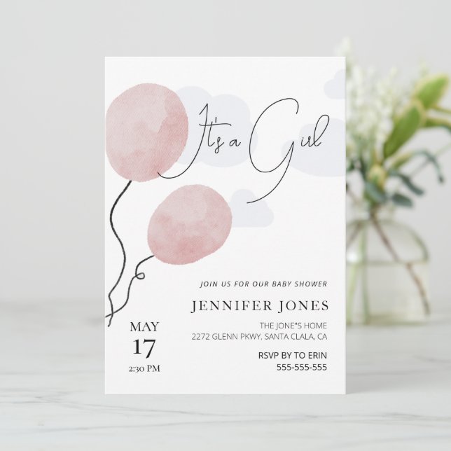 Whimsical pink balloon it's a girl invitation (Standing Front)