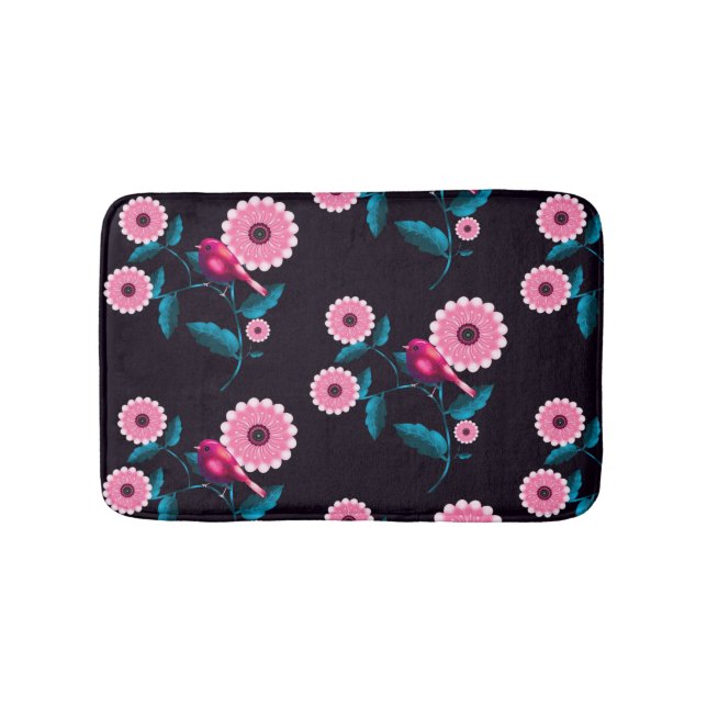 Whimsical Pink Bird Floral Botanical Design Bath Mat (Front)
