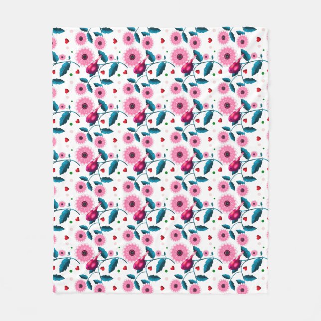 Whimsical Pink Bird Floral Botanical Design Throw Fleece Blanket (Front)