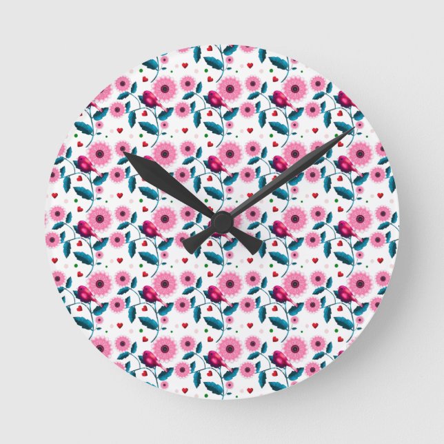 Whimsical Pink Bird Floral Botanical Design Throw Round Clock (Front)