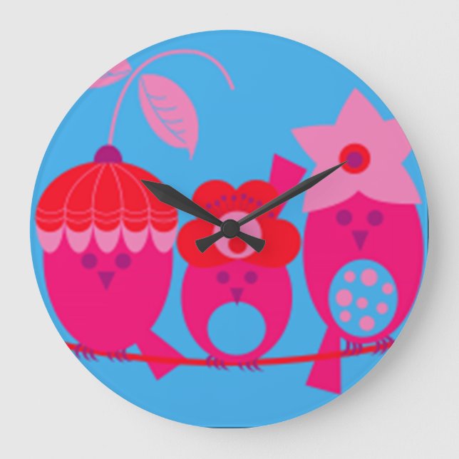 Whimsical Pink Birds Designer Clock by Serenity (Front)