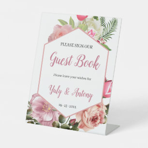 Whimsical Pink Blossom Hexagon Guestbook Invite Pedestal Sign