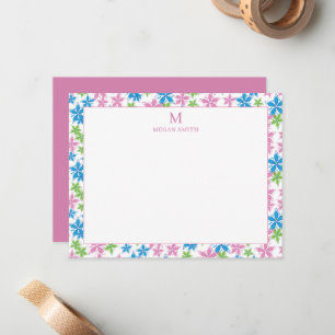 Whimsical Pink Blue Floral Border Custom Monogram Card