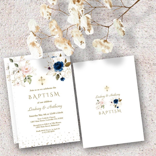 Whimsical Pink Blue Gold Flowers Twins Baptism Invitation (Creator Uploaded)