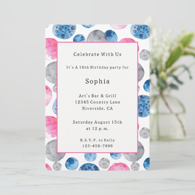 Whimsical Pink Blue Grey Dots Birthday Invitation (Standing Front)