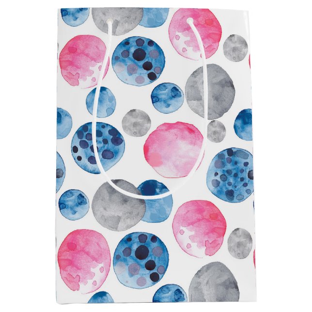 Whimsical Pink Blue Grey Dots Birthday Medium Gift Bag (Front)