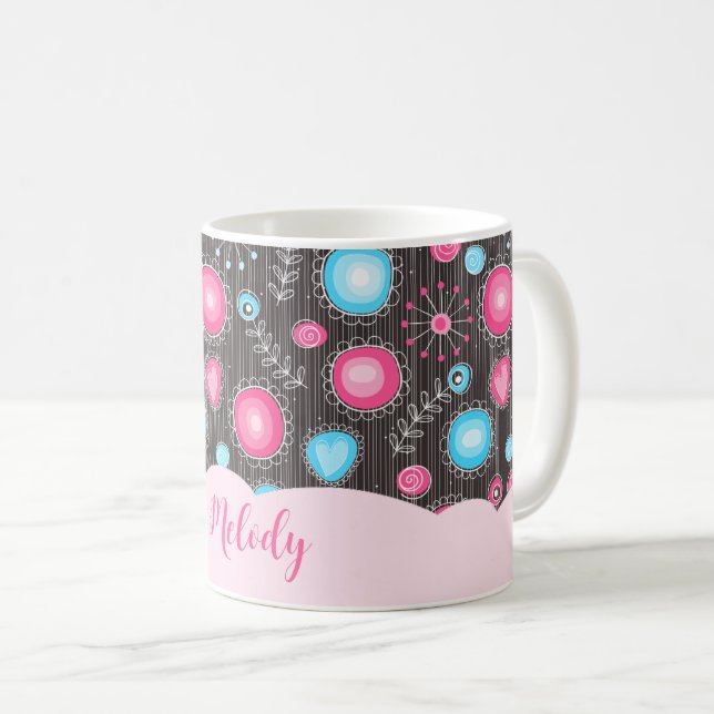 Whimsical pink blue hearts and flowers floral name coffee mug (Front Right)
