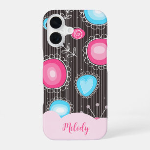 Whimsical pink blue hearts and flowers floral name iPhone 16 case
