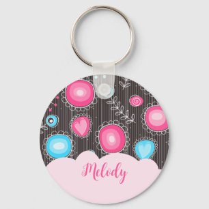 Whimsical pink blue hearts and flowers floral name key ring