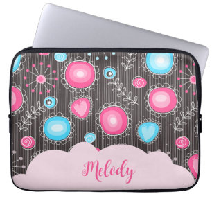 Whimsical pink blue hearts and flowers floral name laptop sleeve
