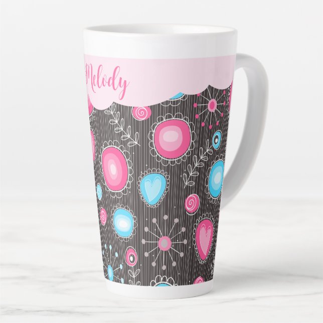 Whimsical pink blue hearts and flowers floral name latte mug (Right Angle)