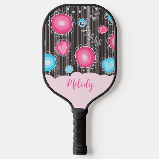 Whimsical pink blue hearts and flowers floral name pickleball paddle (Front)