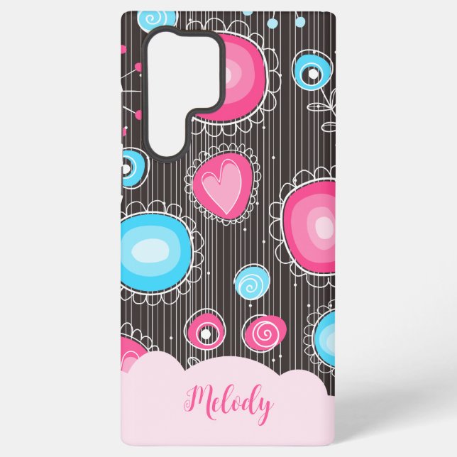 Whimsical pink blue hearts and flowers floral name samsung galaxy s22 ultra case (Back)