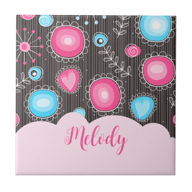 Whimsical pink blue hearts and flowers floral name tile (Front)