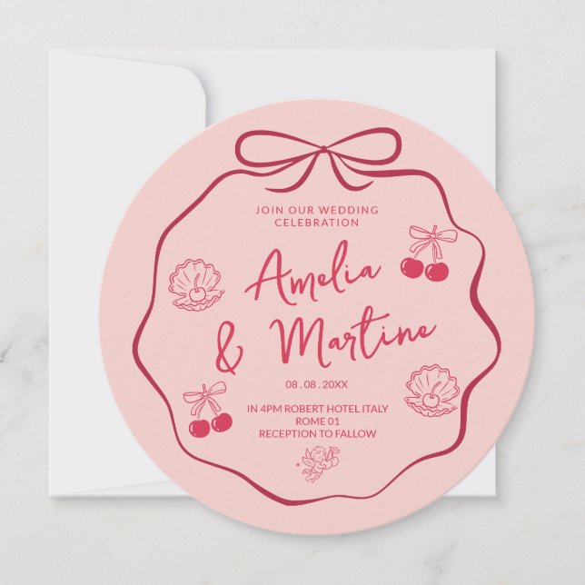 whimsical pink blush doodle Bow Wedding Invitation (Front)