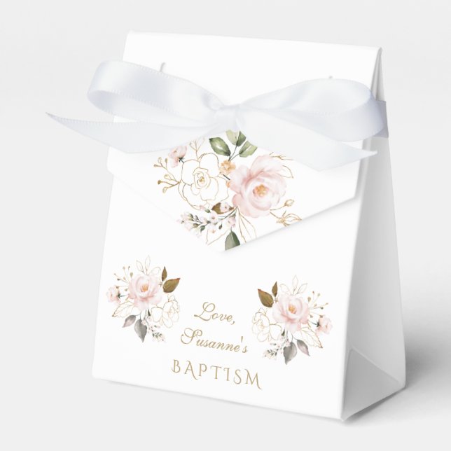 Whimsical Pink Blush Gold Flowers Monogram Baptism Favour Box (Front Side)