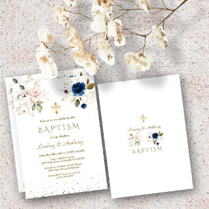 Whimsical Pink Blush Gold Flowers Twins Baptism Invitation
