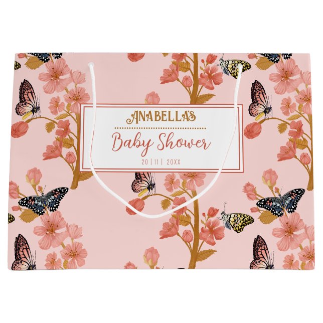 Whimsical Pink Boho Butterfly Girl Baby Shower  Large Gift Bag (Front)