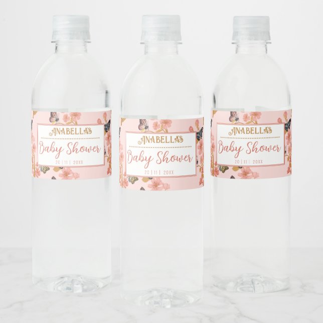 Whimsical Pink Boho Butterfly Girl Baby Shower  Water Bottle Label (Bottles)