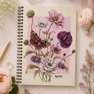 Whimsical Pink Botanical Butterfly Floral Notebook