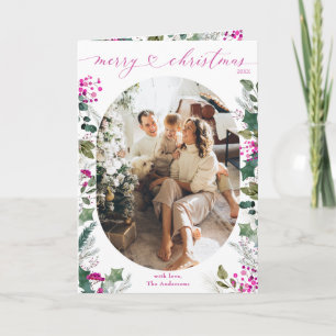 Whimsical Pink Botanicals Photo Christmas Folded  Card