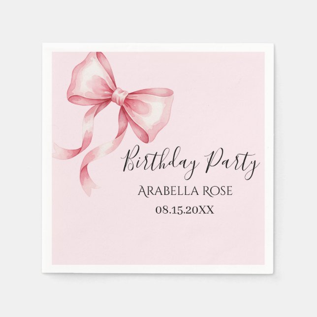 Whimsical Pink Bow Birthday Party Napkin (Front)
