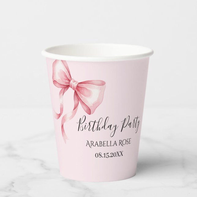 Whimsical Pink Bow Birthday Party Paper Cups (Front)