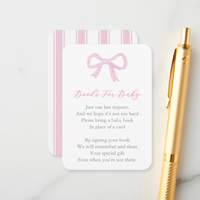 Whimsical Pink Bow Bow Bring A Book Baby Shower Enclosure Card (Front/Back In Situ)