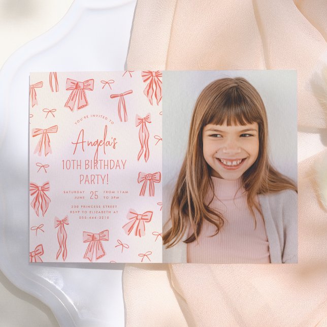 Whimsical Pink Bow Girl Photo Birthday Invitation (Creator Uploaded)