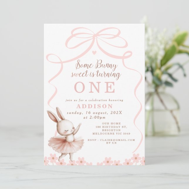 Whimsical Pink Bow Some Bunny Birthday  Invitation (Standing Front)