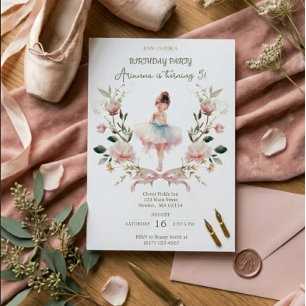 Whimsical Pink Bow & Watercolor Ballerina Birthday Invitation