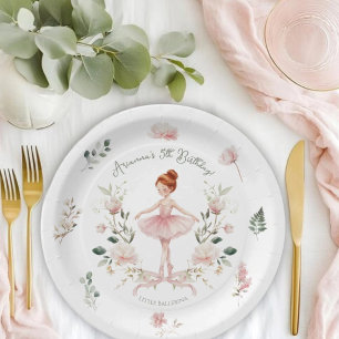 Whimsical Pink Bow & Watercolor Ballerina Birthday Paper Plate