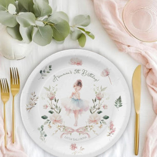 Whimsical Pink Bow & Watercolor Ballerina Birthday Paper Plate