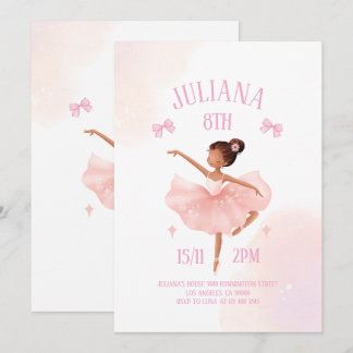Whimsical Pink Bows Ballerina Girl Birthday Party Invitation